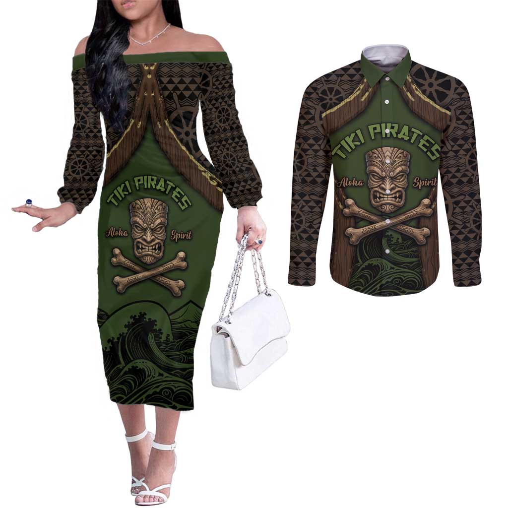 Personalised Hawaii Tiki Pirates Couples Matching Off The Shoulder Long Sleeve Dress and Long Sleeve Button Shirt Kakau Pattern Polynesian Style DT05 Green - Polynesian Pride