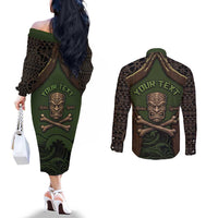 Personalised Hawaii Tiki Pirates Couples Matching Off The Shoulder Long Sleeve Dress and Long Sleeve Button Shirt Kakau Pattern Polynesian Style DT05 - Polynesian Pride