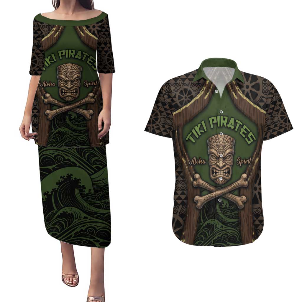 Personalised Hawaii Tiki Pirates Couples Matching Puletasi and Hawaiian Shirt Kakau Pattern Polynesian Style DT05 Green - Polynesian Pride