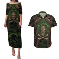 Personalised Hawaii Tiki Pirates Couples Matching Puletasi and Hawaiian Shirt Kakau Pattern Polynesian Style DT05 Green - Polynesian Pride