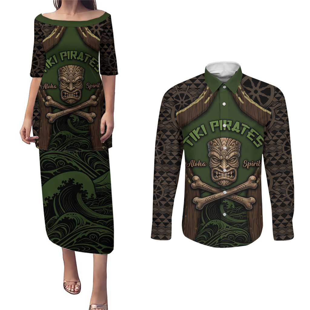 Personalised Hawaii Tiki Pirates Couples Matching Puletasi and Long Sleeve Button Shirt Kakau Pattern Polynesian Style DT05 Green - Polynesian Pride