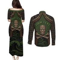 Personalised Hawaii Tiki Pirates Couples Matching Puletasi and Long Sleeve Button Shirt Kakau Pattern Polynesian Style DT05 - Polynesian Pride