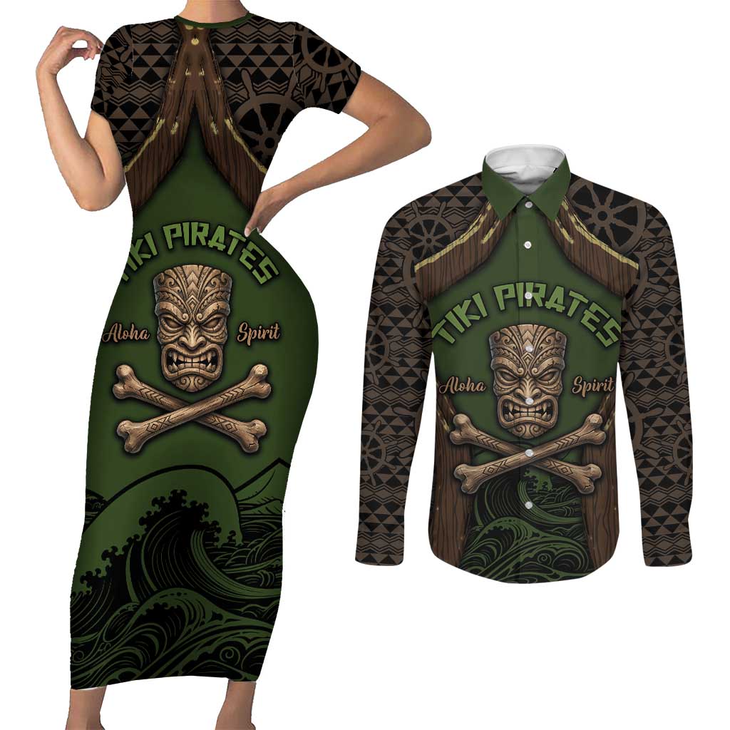 Personalised Hawaii Tiki Pirates Couples Matching Short Sleeve Bodycon Dress and Long Sleeve Button Shirt Kakau Pattern Polynesian Style DT05 Green - Polynesian Pride