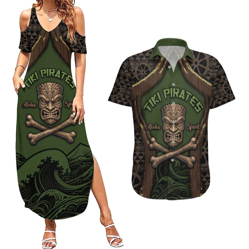 Personalised Hawaii Tiki Pirates Couples Matching Summer Maxi Dress and Hawaiian Shirt Kakau Pattern Polynesian Style DT05 Green - Polynesian Pride