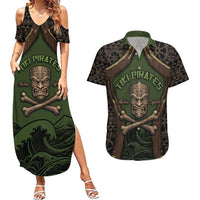 Personalised Hawaii Tiki Pirates Couples Matching Summer Maxi Dress and Hawaiian Shirt Kakau Pattern Polynesian Style DT05 Green - Polynesian Pride