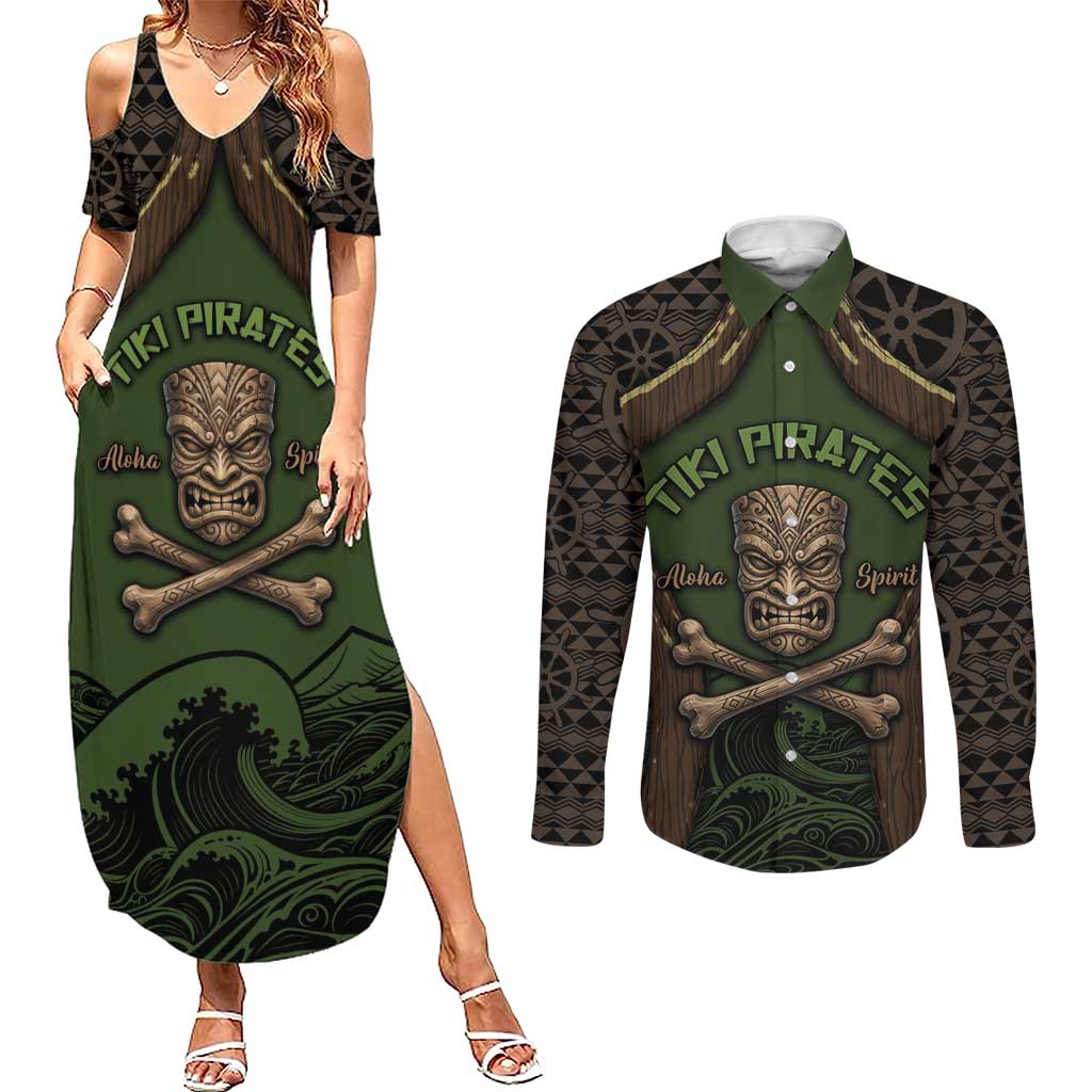 Personalised Hawaii Tiki Pirates Couples Matching Summer Maxi Dress and Long Sleeve Button Shirt Kakau Pattern Polynesian Style DT05 Green - Polynesian Pride