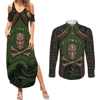 Personalised Hawaii Tiki Pirates Couples Matching Summer Maxi Dress and Long Sleeve Button Shirt Kakau Pattern Polynesian Style DT05 Green - Polynesian Pride
