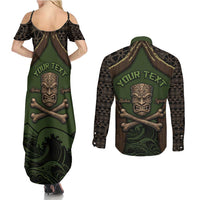 Personalised Hawaii Tiki Pirates Couples Matching Summer Maxi Dress and Long Sleeve Button Shirt Kakau Pattern Polynesian Style DT05 - Polynesian Pride