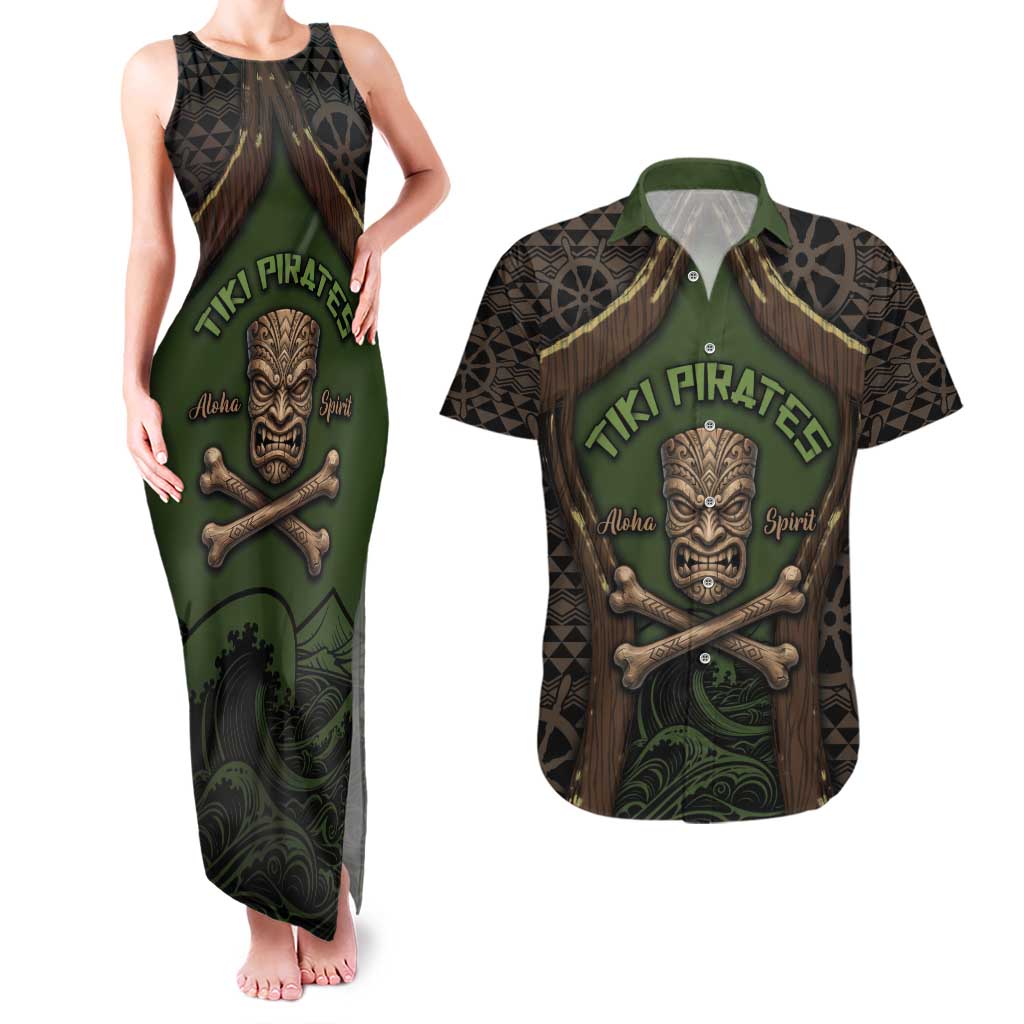 Personalised Hawaii Tiki Pirates Couples Matching Tank Maxi Dress and Hawaiian Shirt Kakau Pattern Polynesian Style DT05 Green - Polynesian Pride