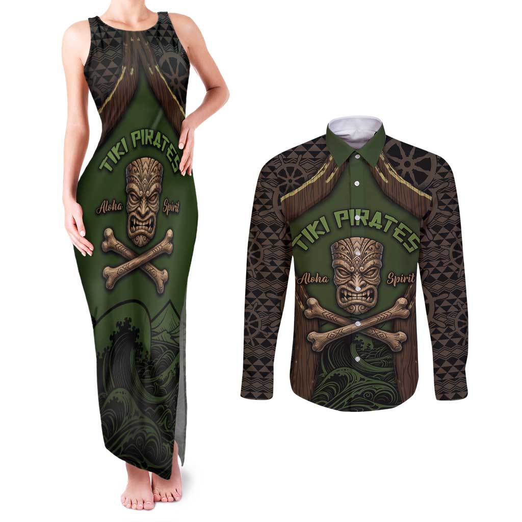 Personalised Hawaii Tiki Pirates Couples Matching Tank Maxi Dress and Long Sleeve Button Shirt Kakau Pattern Polynesian Style DT05 Green - Polynesian Pride