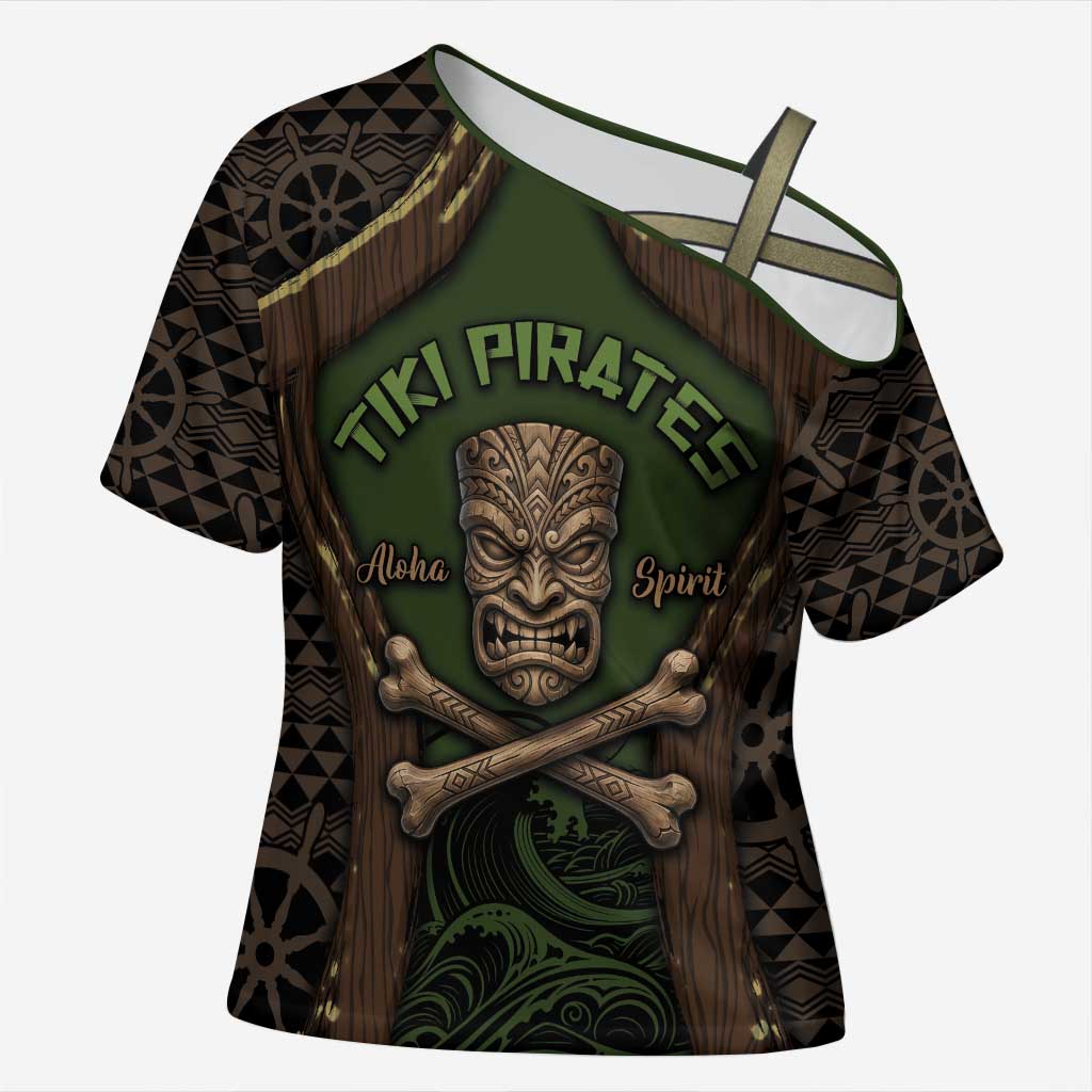 Personalised Hawaii Tiki Pirates Cross Shoulder Shirt Kakau Pattern Polynesian Style DT05 Female Green - Polynesian Pride