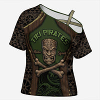 Personalised Hawaii Tiki Pirates Cross Shoulder Shirt Kakau Pattern Polynesian Style DT05 Female Green - Polynesian Pride