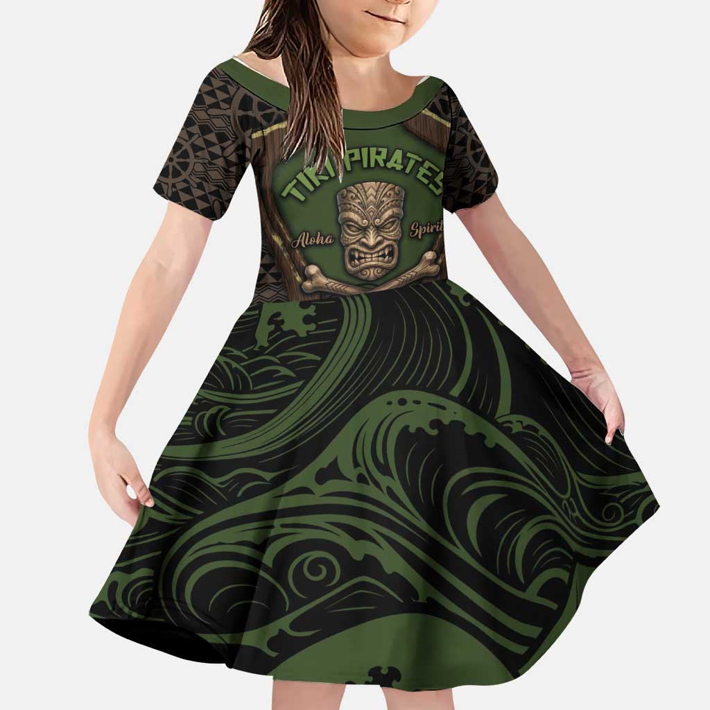 Personalised Hawaii Tiki Pirates Family Matching Off The Shoulder Long Sleeve Dress and Hawaiian Shirt Kakau Pattern Polynesian Style