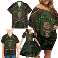 Personalised Hawaii Tiki Pirates Family Matching Off Shoulder Short Dress and Hawaiian Shirt Kakau Pattern Polynesian Style