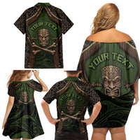 Personalised Hawaii Tiki Pirates Family Matching Off Shoulder Short Dress and Hawaiian Shirt Kakau Pattern Polynesian Style