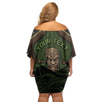 Personalised Hawaii Tiki Pirates Family Matching Off Shoulder Short Dress and Hawaiian Shirt Kakau Pattern Polynesian Style