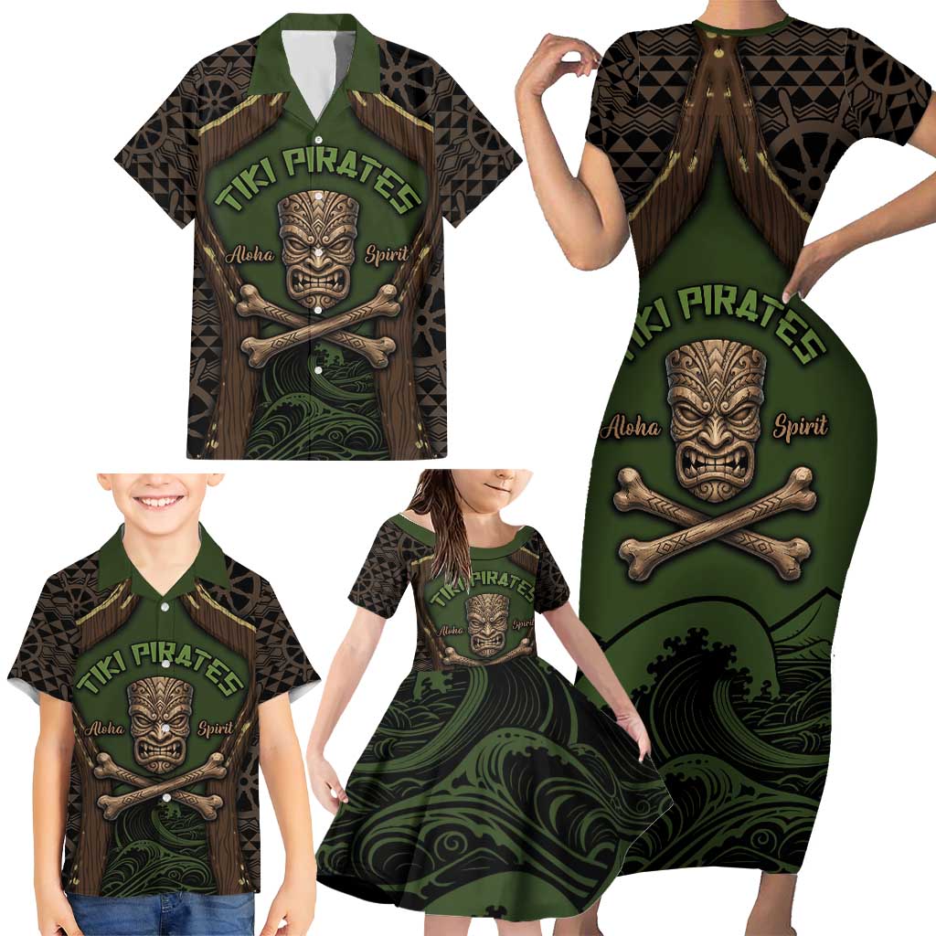 Personalised Hawaii Tiki Pirates Family Matching Short Sleeve Bodycon Dress and Hawaiian Shirt Kakau Pattern Polynesian Style