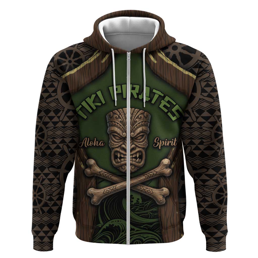 Personalised Hawaii Tiki Pirates Hoodie Kakau Pattern Polynesian Style DT05 Zip Hoodie Green - Polynesian Pride