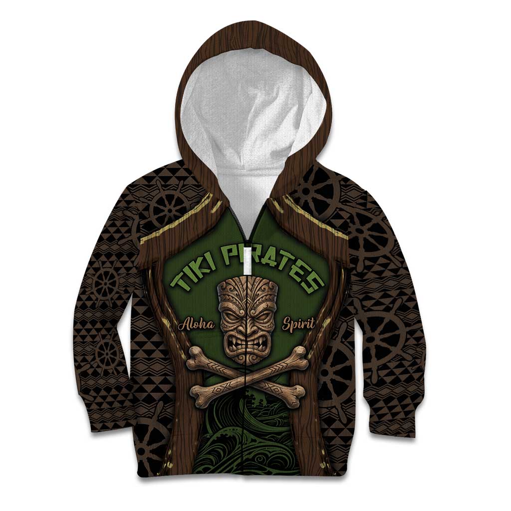 Personalised Hawaii Tiki Pirates Kid Hoodie Kakau Pattern Polynesian Style DT05 Zip Hoodie Green - Polynesian Pride