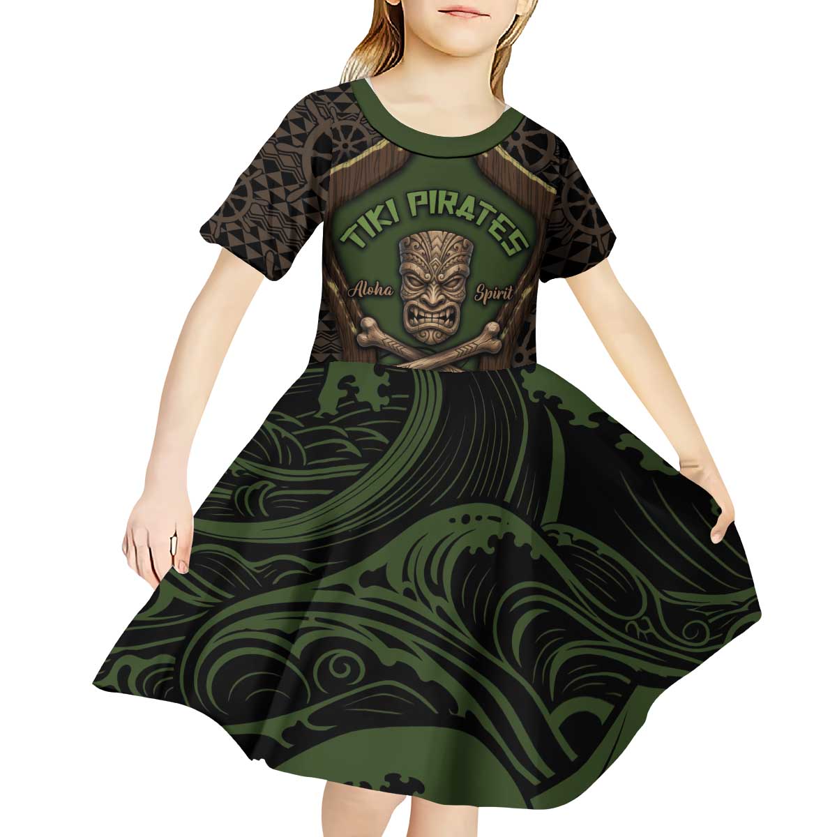 Personalised Hawaii Tiki Pirates Kid Short Sleeve Dress Kakau Pattern Polynesian Style DT05 - Polynesian Pride
