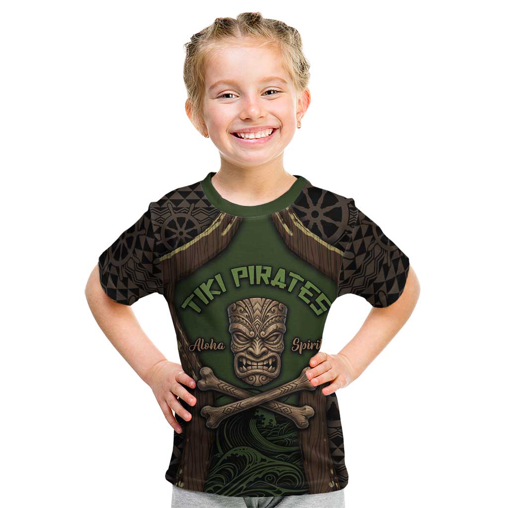 Personalised Hawaii Tiki Pirates Kid T Shirt Kakau Pattern Polynesian Style DT05 Green - Polynesian Pride
