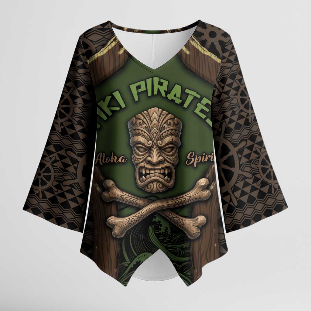 Personalised Hawaii Tiki Pirates Kimono Sleeve Blouse Kakau Pattern Polynesian Style DT05 Female Green - Polynesian Pride