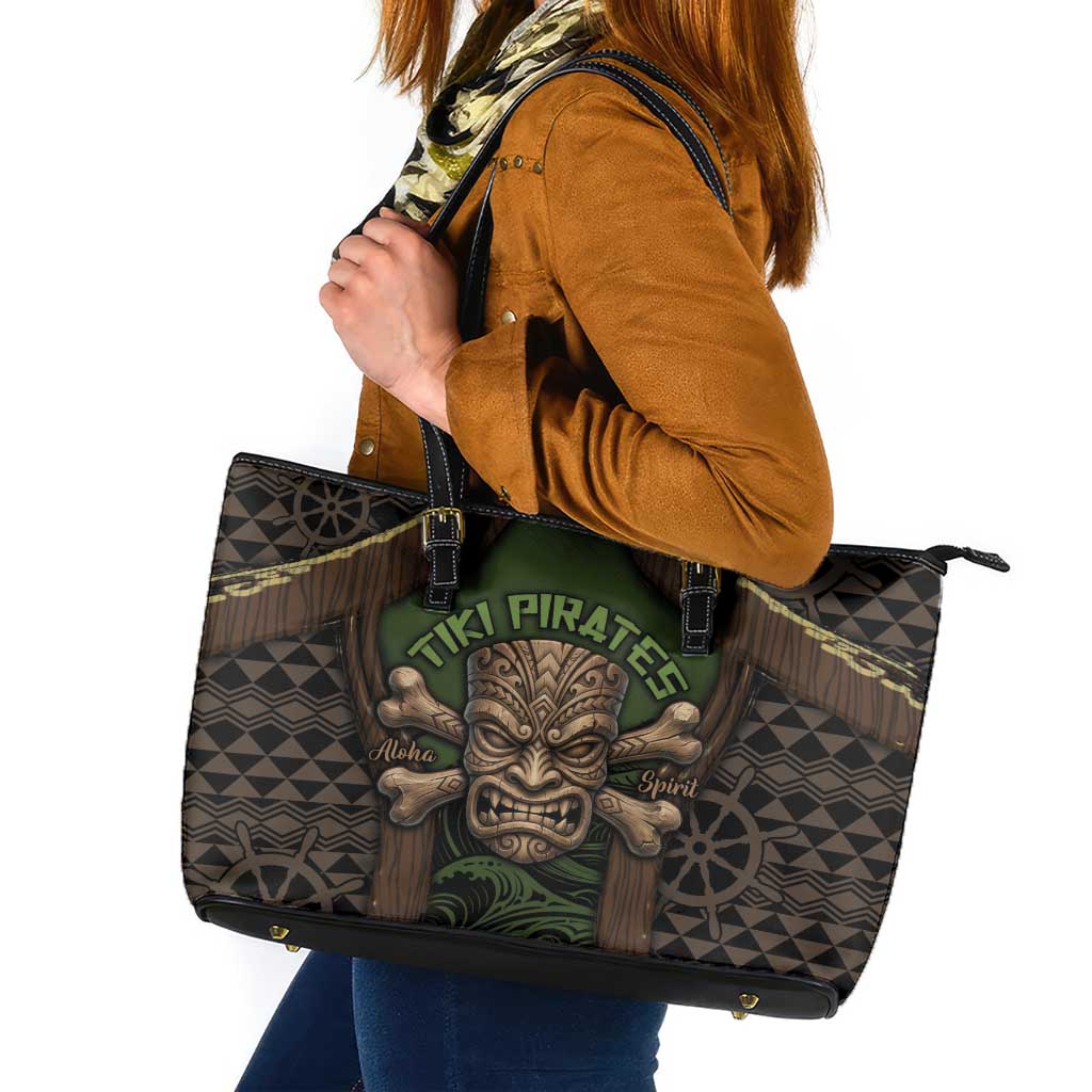 Hawaii Tiki Pirates Leather Tote Bag Kakau Pattern Polynesian Style DT05 Green - Polynesian Pride