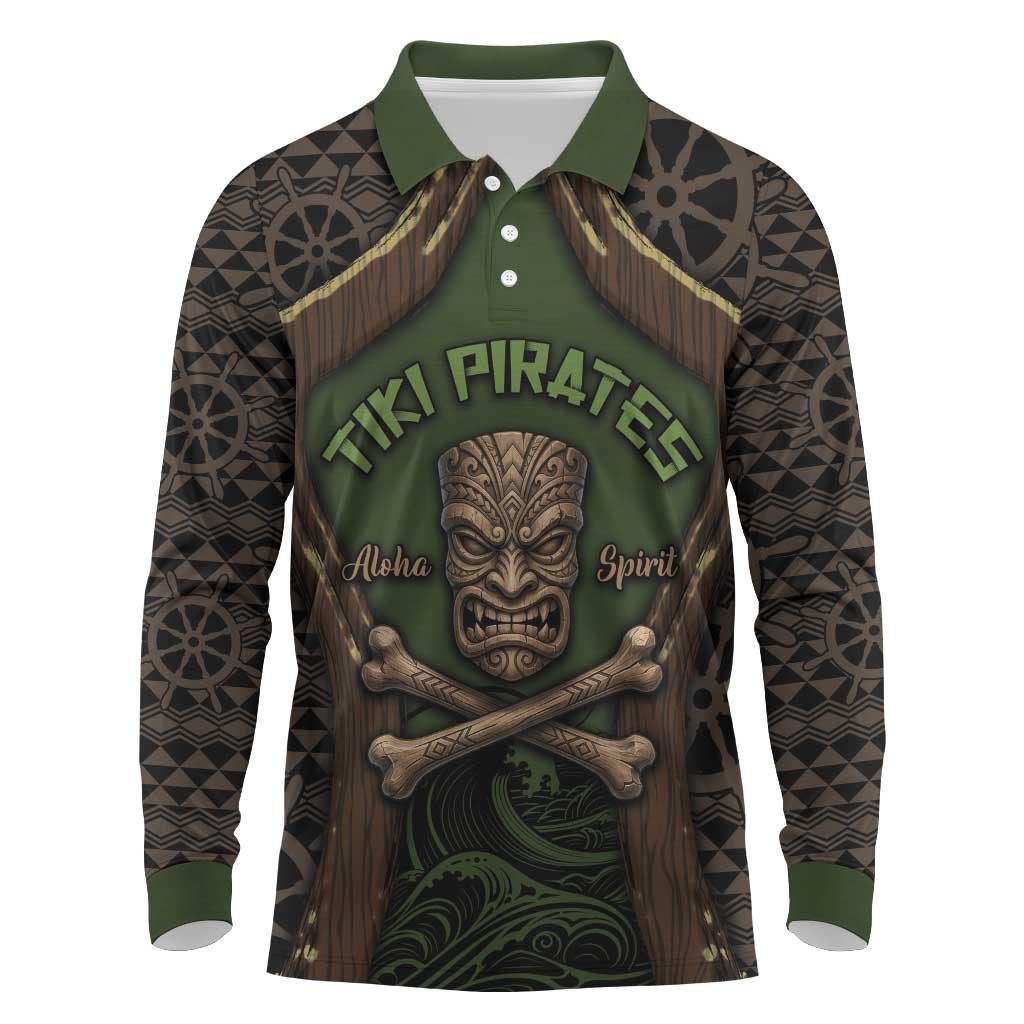 Personalised Hawaii Tiki Pirates Long Sleeve Polo Shirt Kakau Pattern Polynesian Style DT05 Green - Polynesian Pride