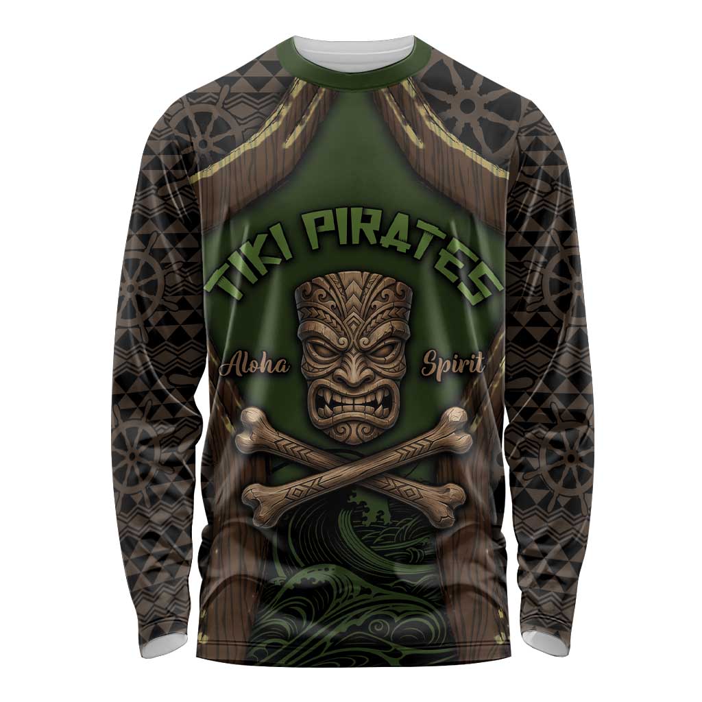 Personalised Hawaii Tiki Pirates Long Sleeve Shirt Kakau Pattern Polynesian Style DT05 Unisex Green - Polynesian Pride