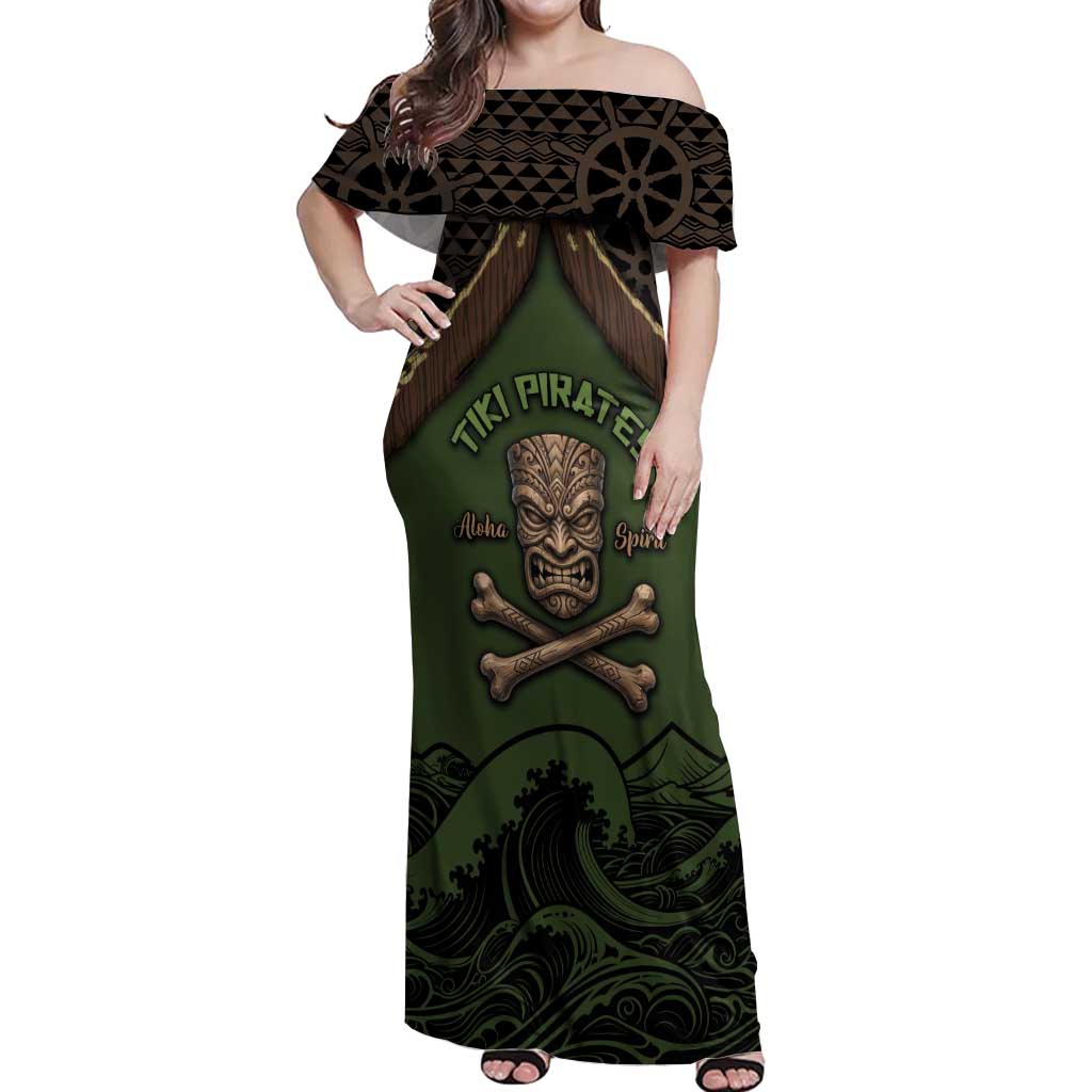 Personalised Hawaii Tiki Pirates Off Shoulder Maxi Dress Kakau Pattern Polynesian Style DT05 Women Green - Polynesian Pride