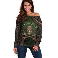 Personalised Hawaii Tiki Pirates Off Shoulder Sweater Kakau Pattern Polynesian Style DT05 Women Green - Polynesian Pride