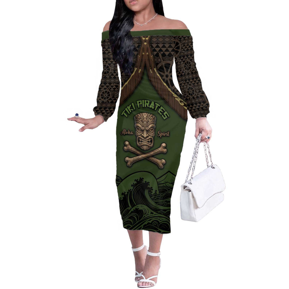 Personalised Hawaii Tiki Pirates Off The Shoulder Long Sleeve Dress Kakau Pattern Polynesian Style DT05 Women Green - Polynesian Pride