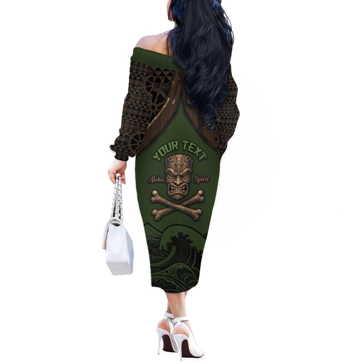 Personalised Hawaii Tiki Pirates Off The Shoulder Long Sleeve Dress Kakau Pattern Polynesian Style DT05 - Polynesian Pride