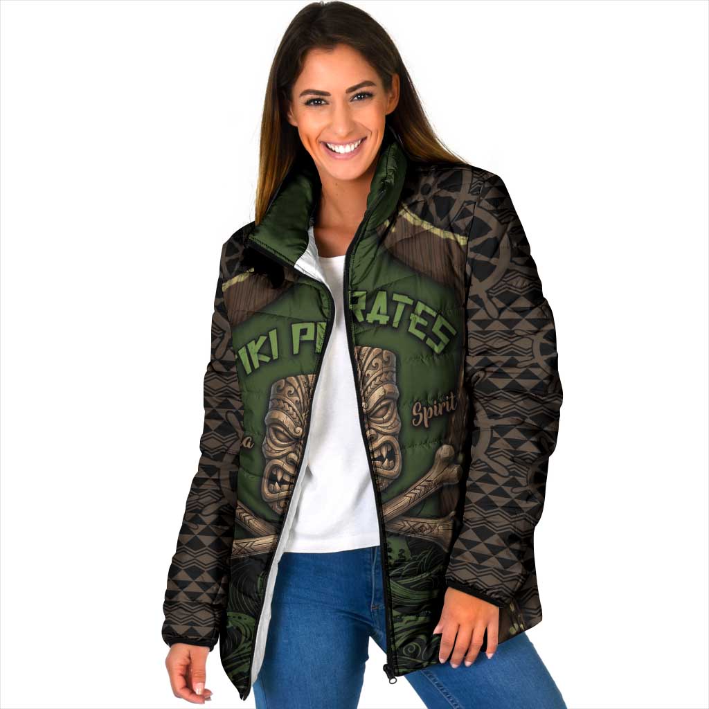 Personalised Hawaii Tiki Pirates Padded Jacket Kakau Pattern Polynesian Style DT05 Women Green - Polynesian Pride