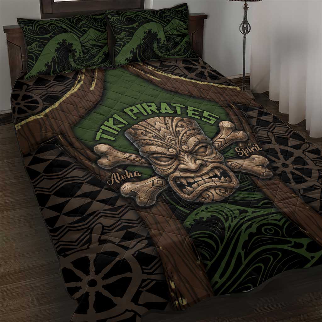 Hawaii Tiki Pirates Quilt Bed Set Kakau Pattern Polynesian Style DT05 Green - Polynesian Pride