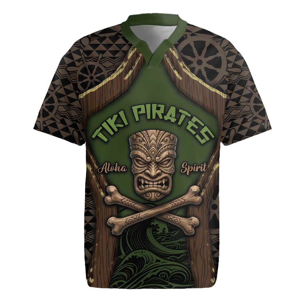 Personalised Hawaii Tiki Pirates Rugby Jersey Kakau Pattern Polynesian Style DT05 Green - Polynesian Pride