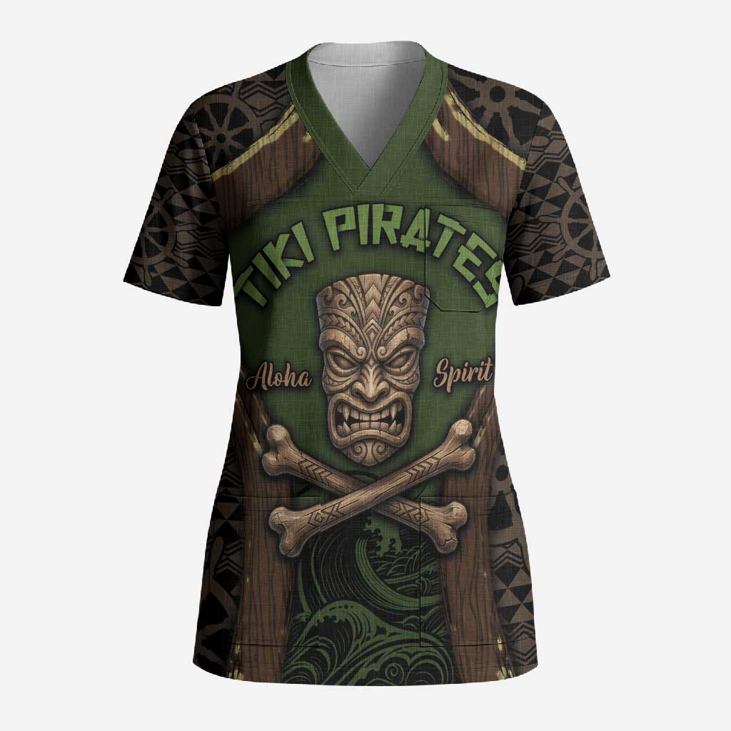 Personalised Hawaii Tiki Pirates Scrub Top Kakau Pattern Polynesian Style DT05 Adult Green - Polynesian Pride