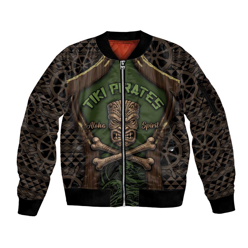 Personalised Hawaii Tiki Pirates Sleeve Zip Bomber Jacket Kakau Pattern Polynesian Style