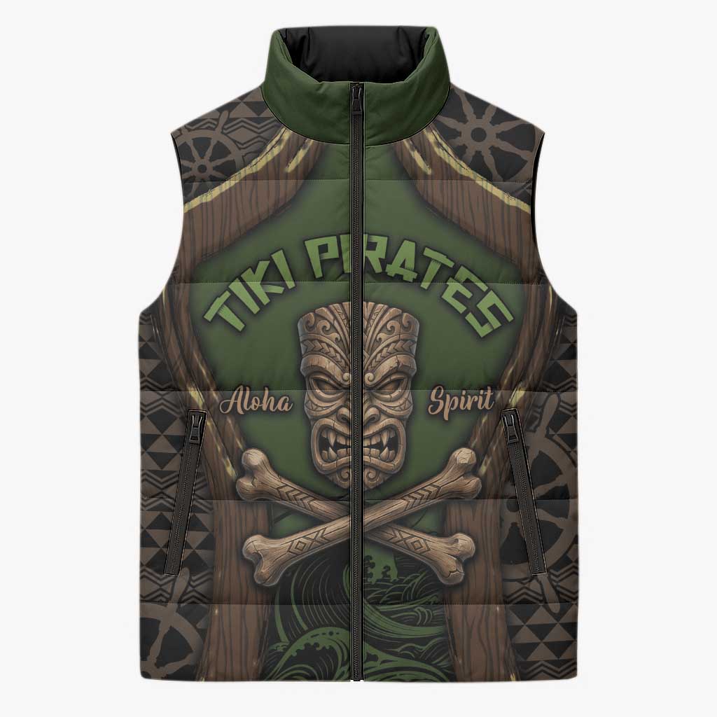 Personalised Hawaii Tiki Pirates Sleeveless Puffer Jacket Kakau Pattern Polynesian Style DT05 Unisex Green - Polynesian Pride