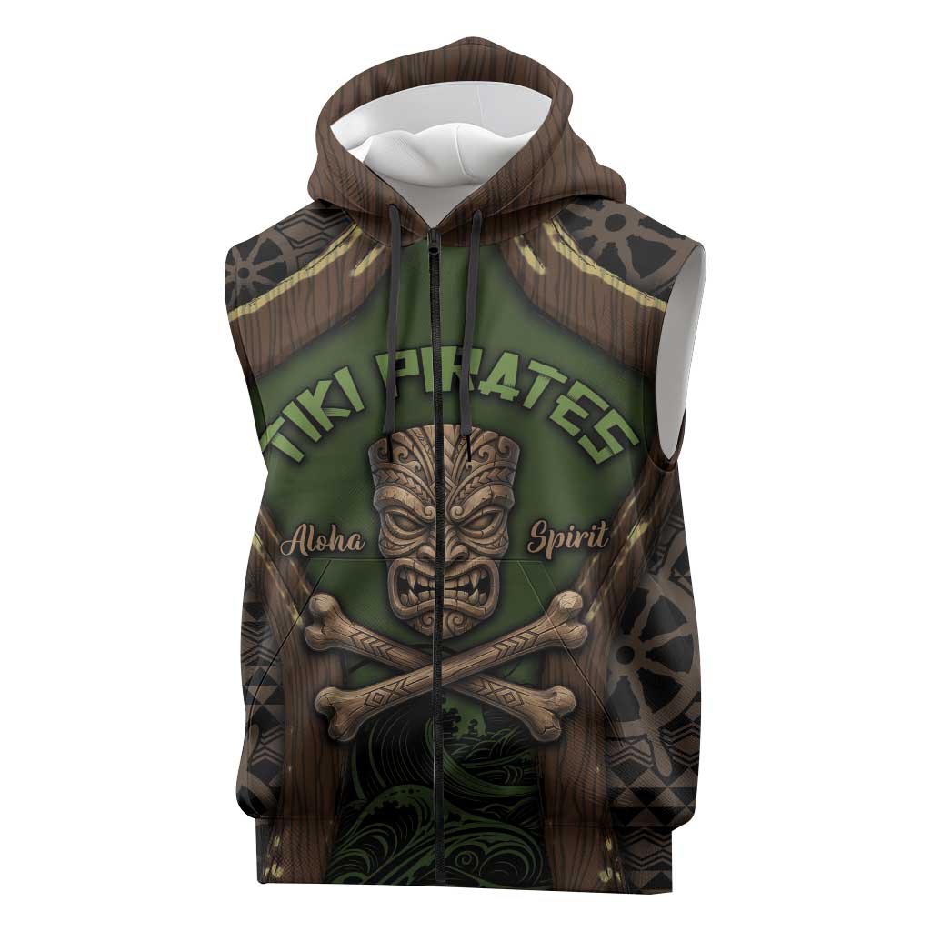 Personalised Hawaii Tiki Pirates Sleeveless Zip Hoodie Kakau Pattern Polynesian Style DT05 Green - Polynesian Pride
