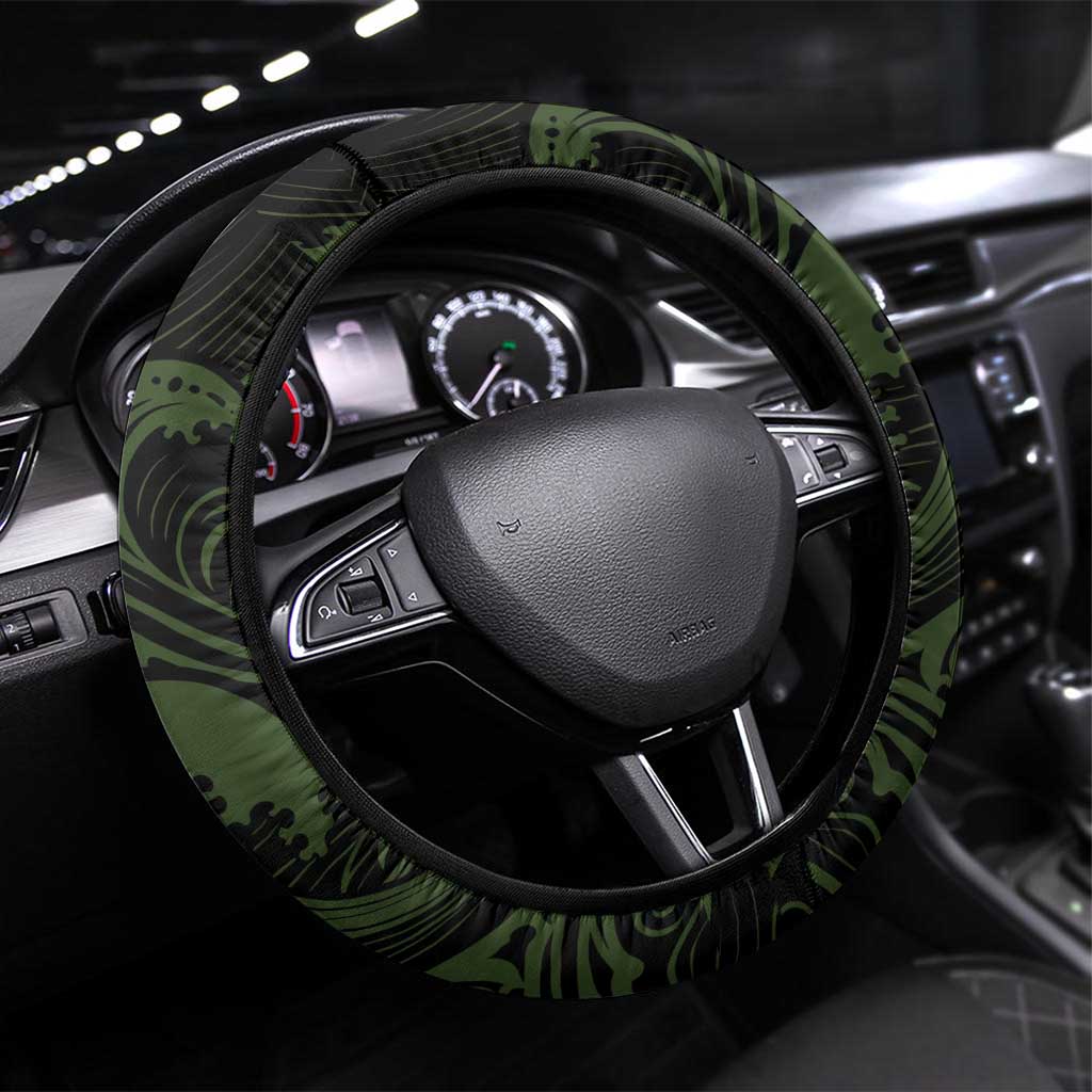 Hawaii Tiki Pirates Steering Wheel Cover Kakau Pattern Polynesian Style DT05 Universal Fit Green - Polynesian Pride
