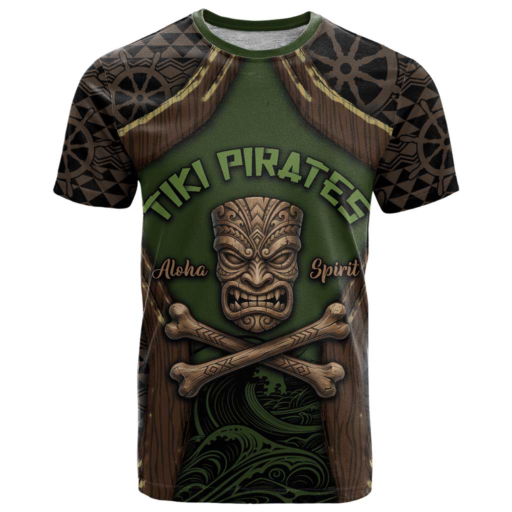 Personalised Hawaii Tiki Pirates T Shirt Kakau Pattern Polynesian Style DT05 Green - Polynesian Pride