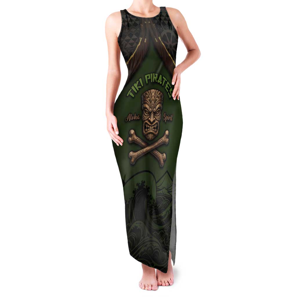 Personalised Hawaii Tiki Pirates Tank Maxi Dress Kakau Pattern Polynesian Style DT05 Women Green - Polynesian Pride