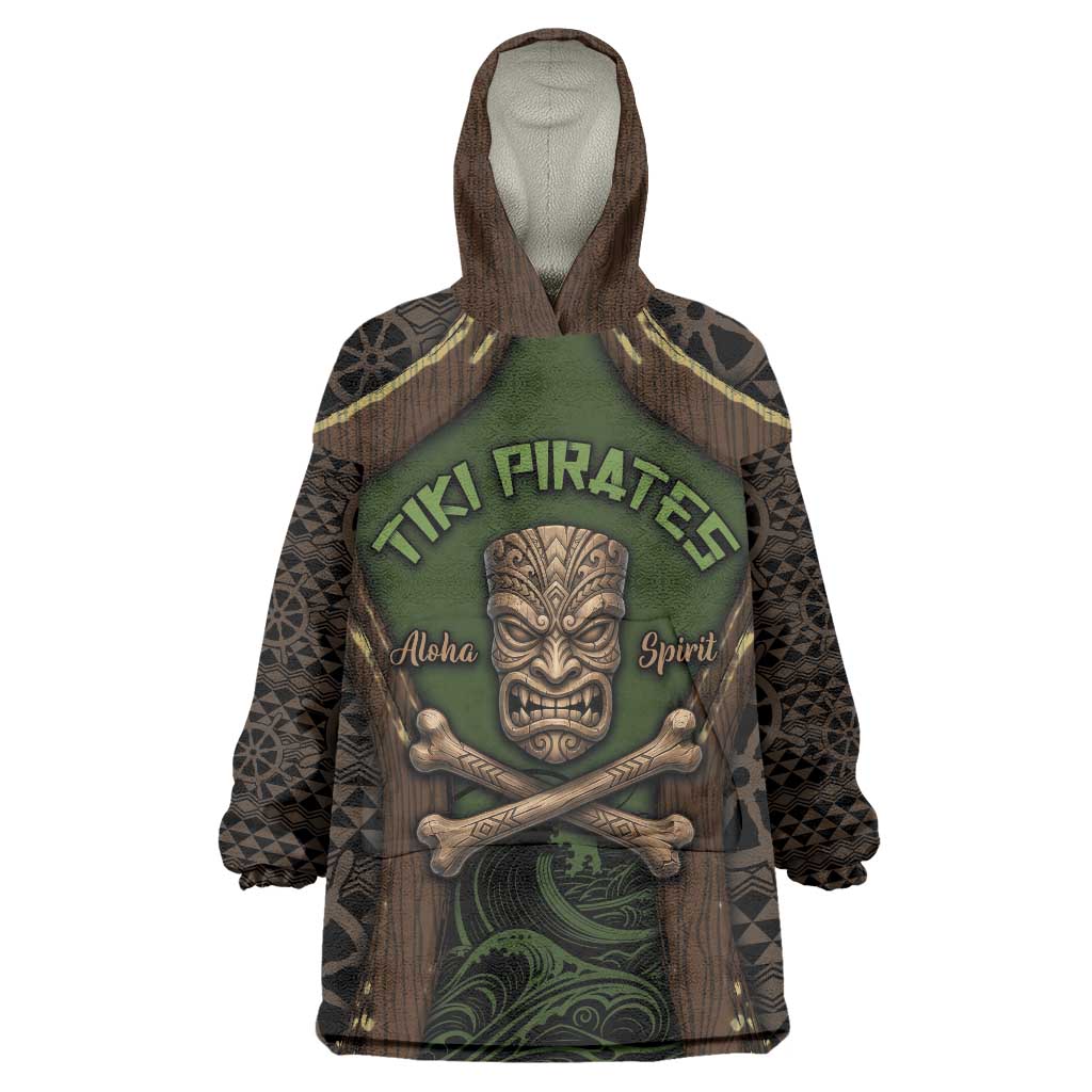 Personalised Hawaii Tiki Pirates Wearable Blanket Hoodie Kakau Pattern Polynesian Style DT05 One Size Green - Polynesian Pride