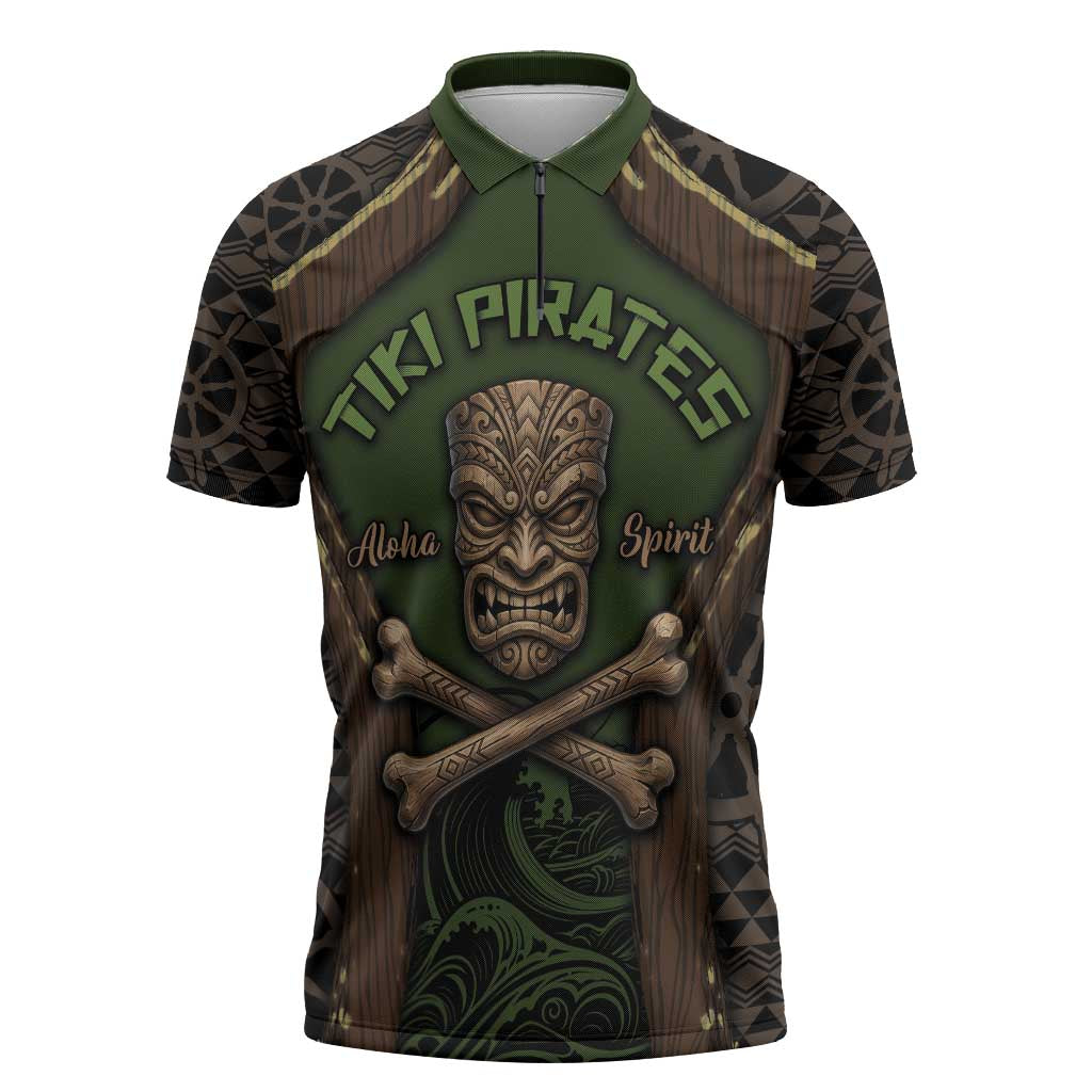 Personalised Hawaii Tiki Pirates Zipper Polo Shirt Kakau Pattern Polynesian Style DT05 Green - Polynesian Pride