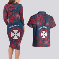 Personalised Wallis And Futuna Couples Matching Long Sleeve Bodycon Dress and Hawaiian Shirt Hibiscus Polynesian Tribal Pattern
