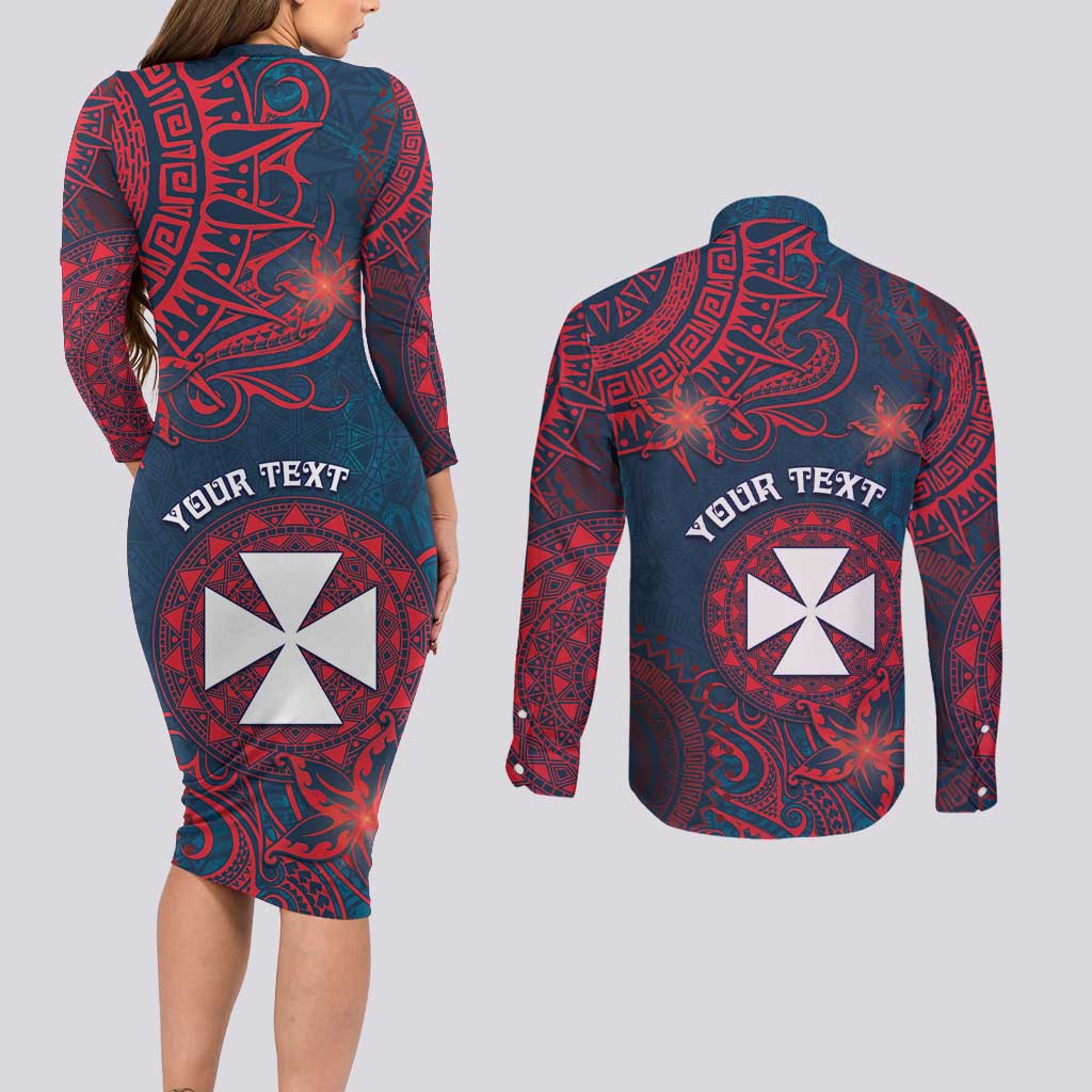 Personalised Wallis And Futuna Couples Matching Long Sleeve Bodycon Dress and Long Sleeve Button Shirt Hibiscus Polynesian Tribal Pattern