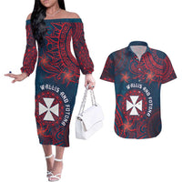 Personalised Wallis And Futuna Couples Matching Off The Shoulder Long Sleeve Dress and Hawaiian Shirt Hibiscus Polynesian Tribal Pattern