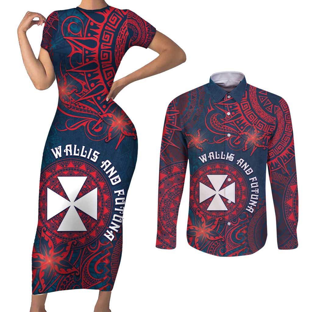 Personalised Wallis And Futuna Couples Matching Short Sleeve Bodycon Dress and Long Sleeve Button Shirt Hibiscus Polynesian Tribal Pattern