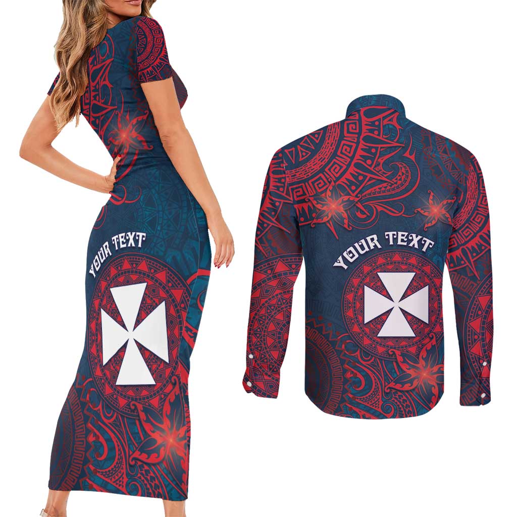Personalised Wallis And Futuna Couples Matching Short Sleeve Bodycon Dress and Long Sleeve Button Shirt Hibiscus Polynesian Tribal Pattern